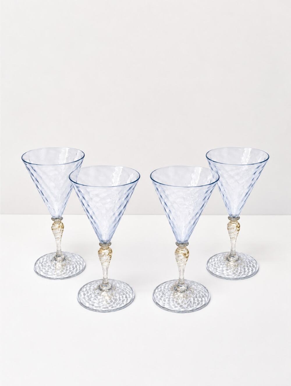 Set 4 Venetian Murano Ice Blue Wine Goblet Gold Aventurine Twist Stem Hand Blown
